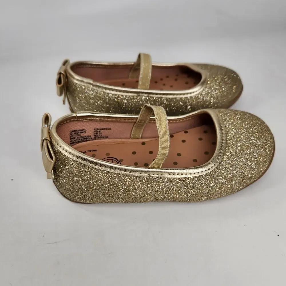 Wonder Nation Glittered Sparkling Gold Ballet Flat Shoes Bow Toddler US 6 EU 22